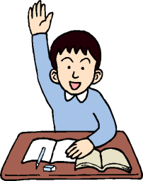 A cartoon of a boy raising his hand at his desk