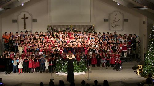 Choir members dressed for a performance